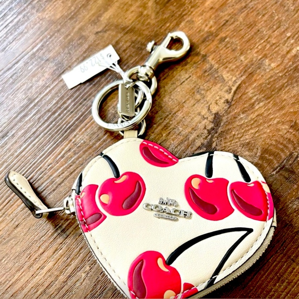 Coach Heart-Shaped Cherry Key & Card Holder - Red and Cream
